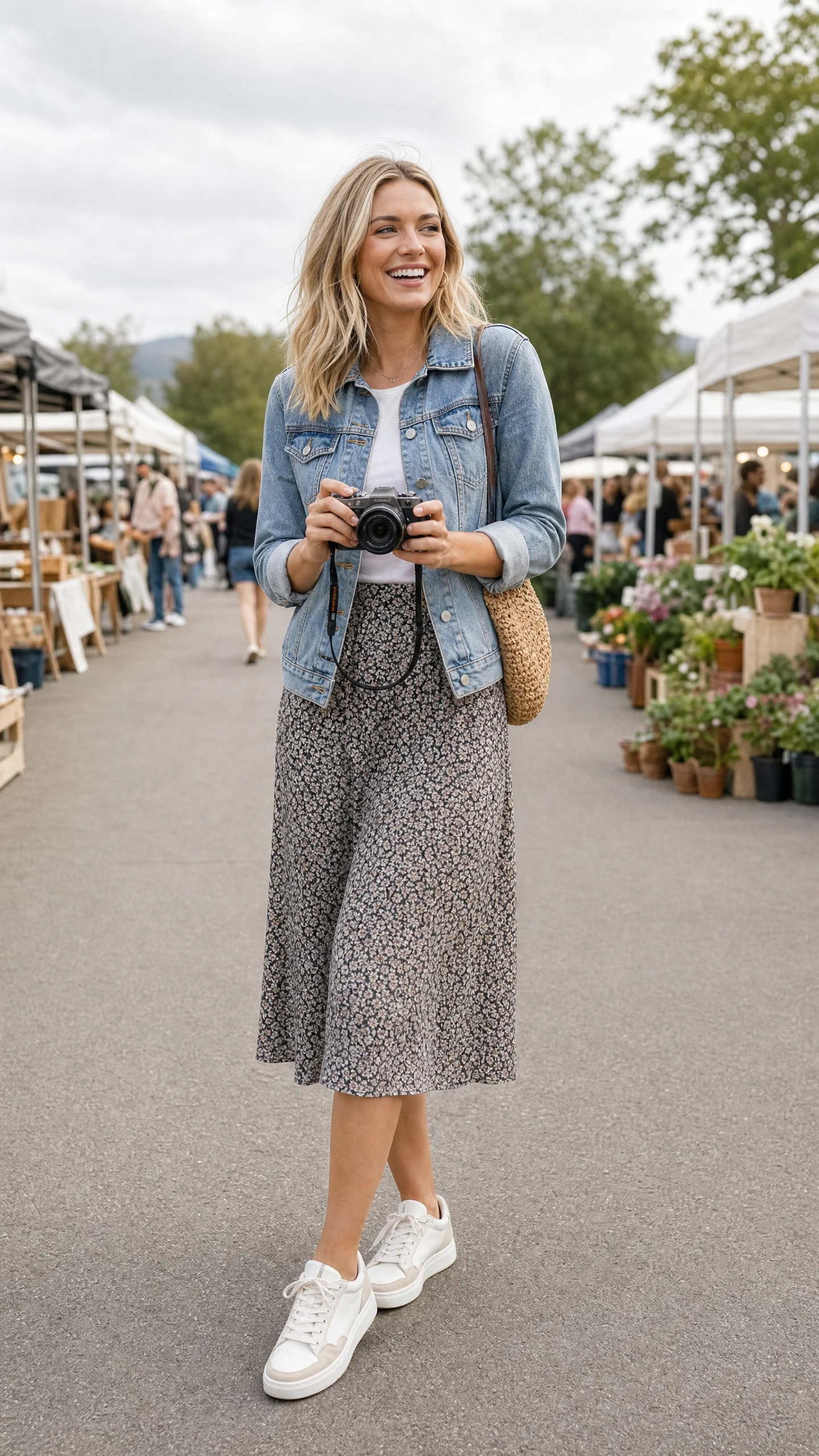 White fashion influencer at market wearing denim jacket and midi skirt holding camera
