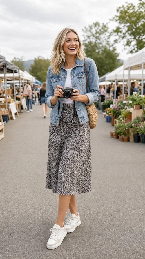 White fashion influencer at market wearing denim jacket and midi skirt holding camera