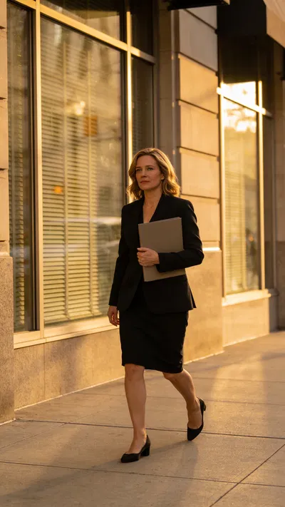 White female attorney full-body portrait outdoors by office building at golden hour