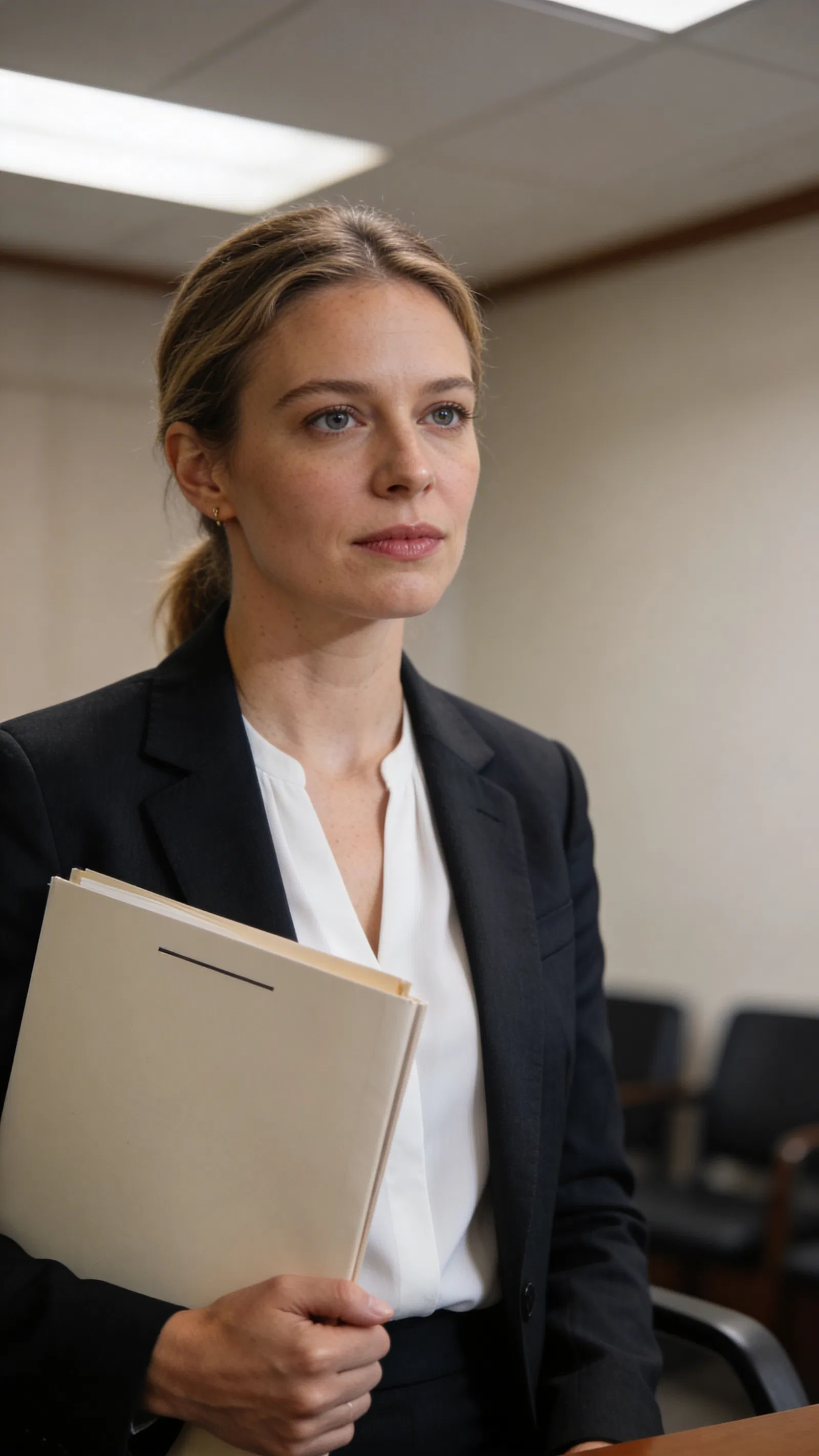 White female attorney half-body portrait in mediation room, composed expression