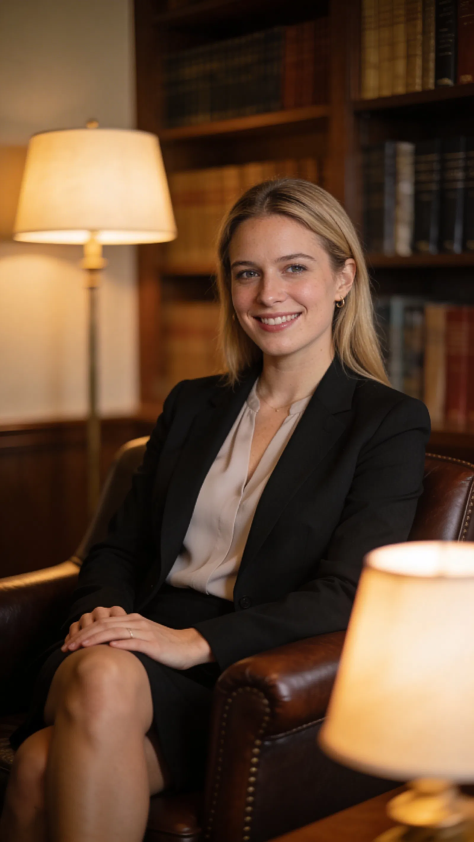 White female attorney half-body portrait seated in refined office library setting