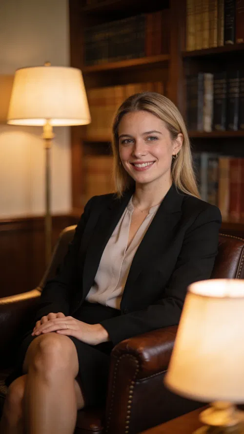 White female attorney half-body portrait seated in refined office library setting