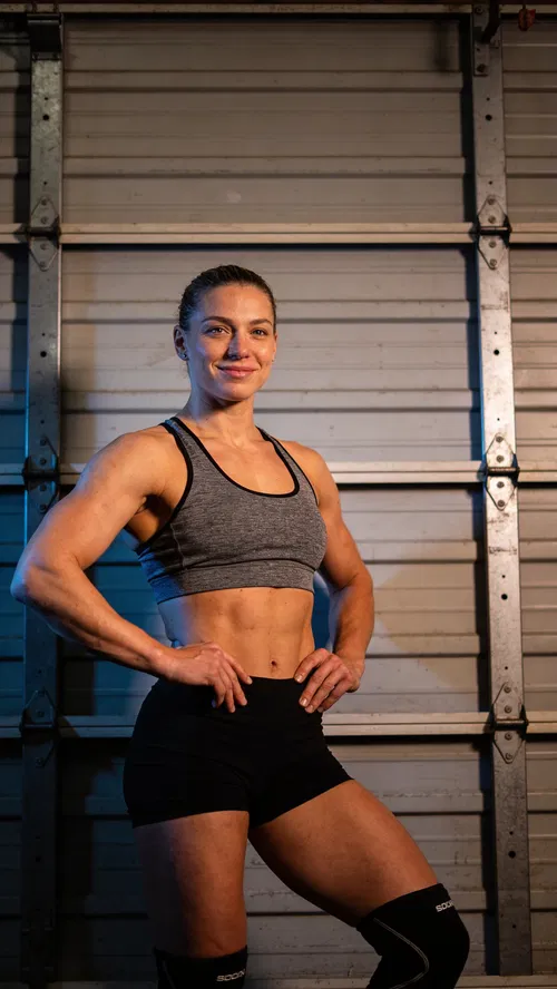 White female bodybuilder warehouse portrait with dramatic directional lighting