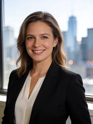 White female lawyer headshot by window with city skyline background