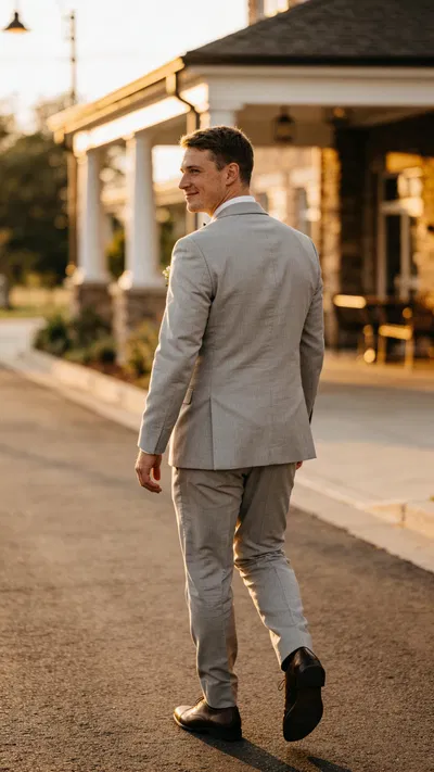 White groom in light gray suit walking near venue street