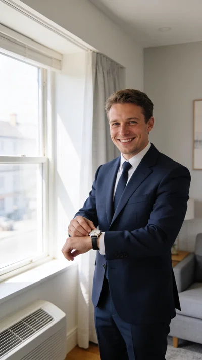 White groom in navy suit adjusting watch by window light