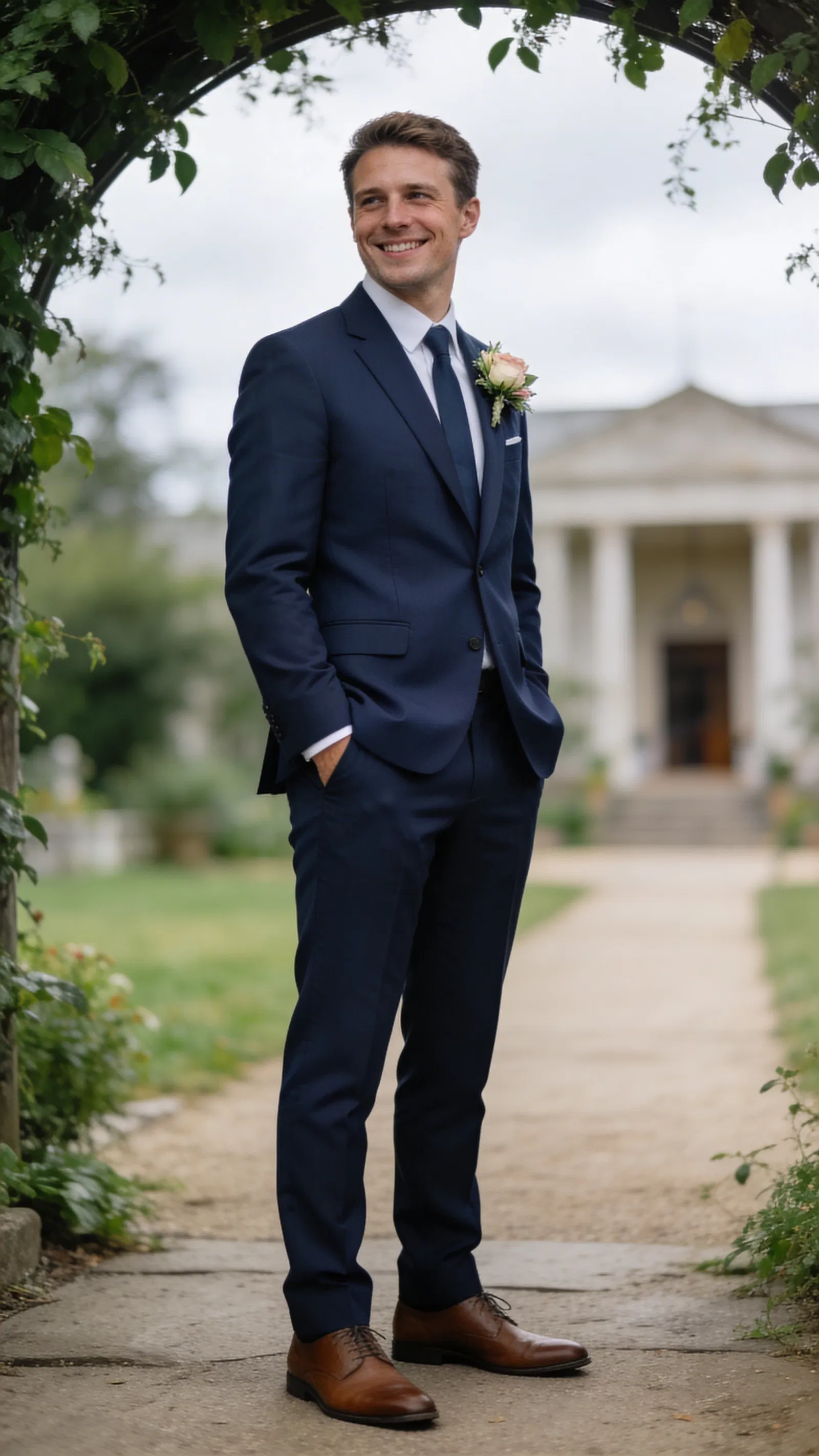 White groom in navy suit under greenery archway at venue