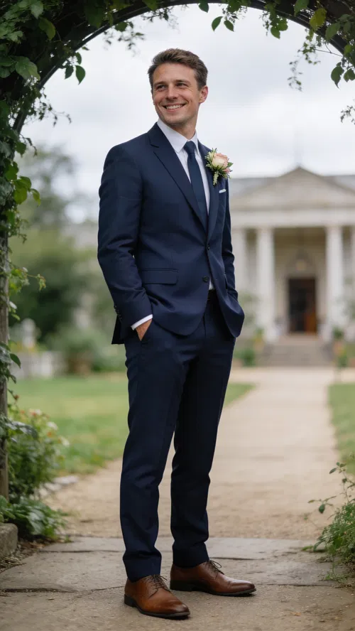 White groom in navy suit under greenery archway at venue