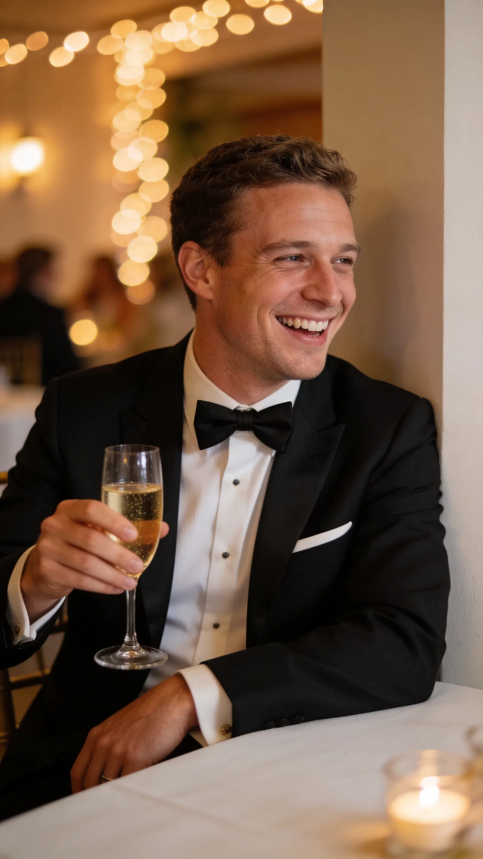 White groom in tux laughing in reception hall with warm lights