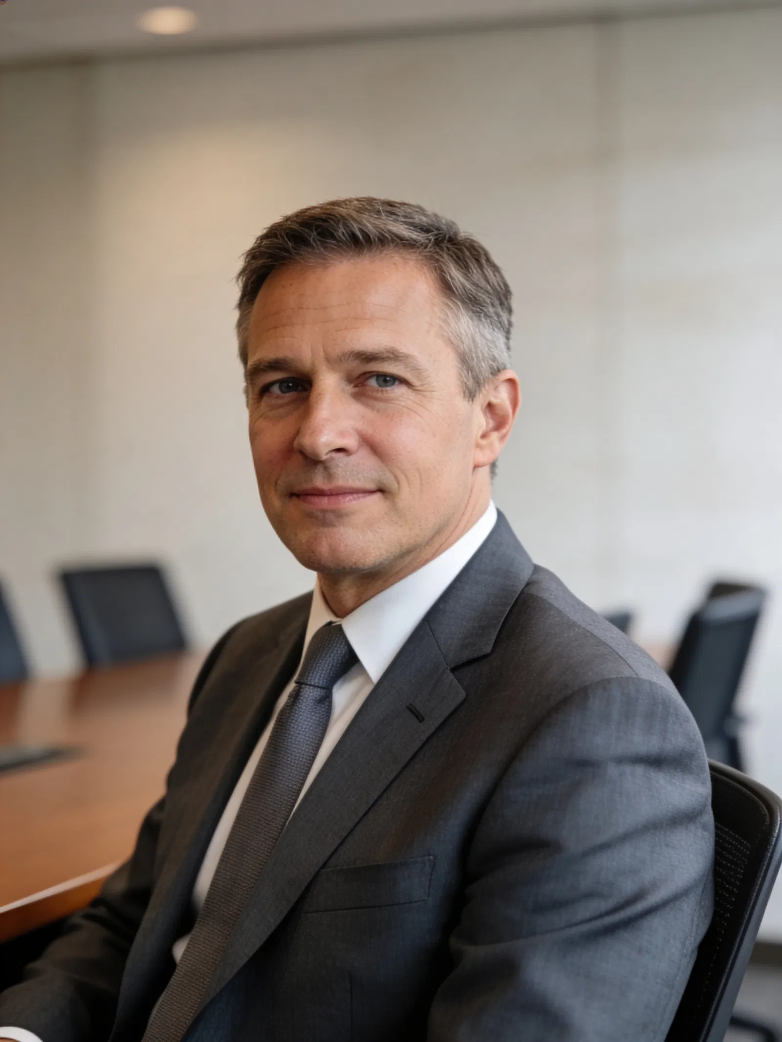 White male attorney half-body portrait seated in conference room
