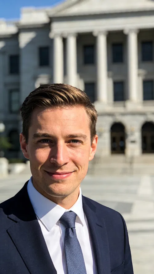 White male attorney headshot outdoors near civic building, crisp natural lighting