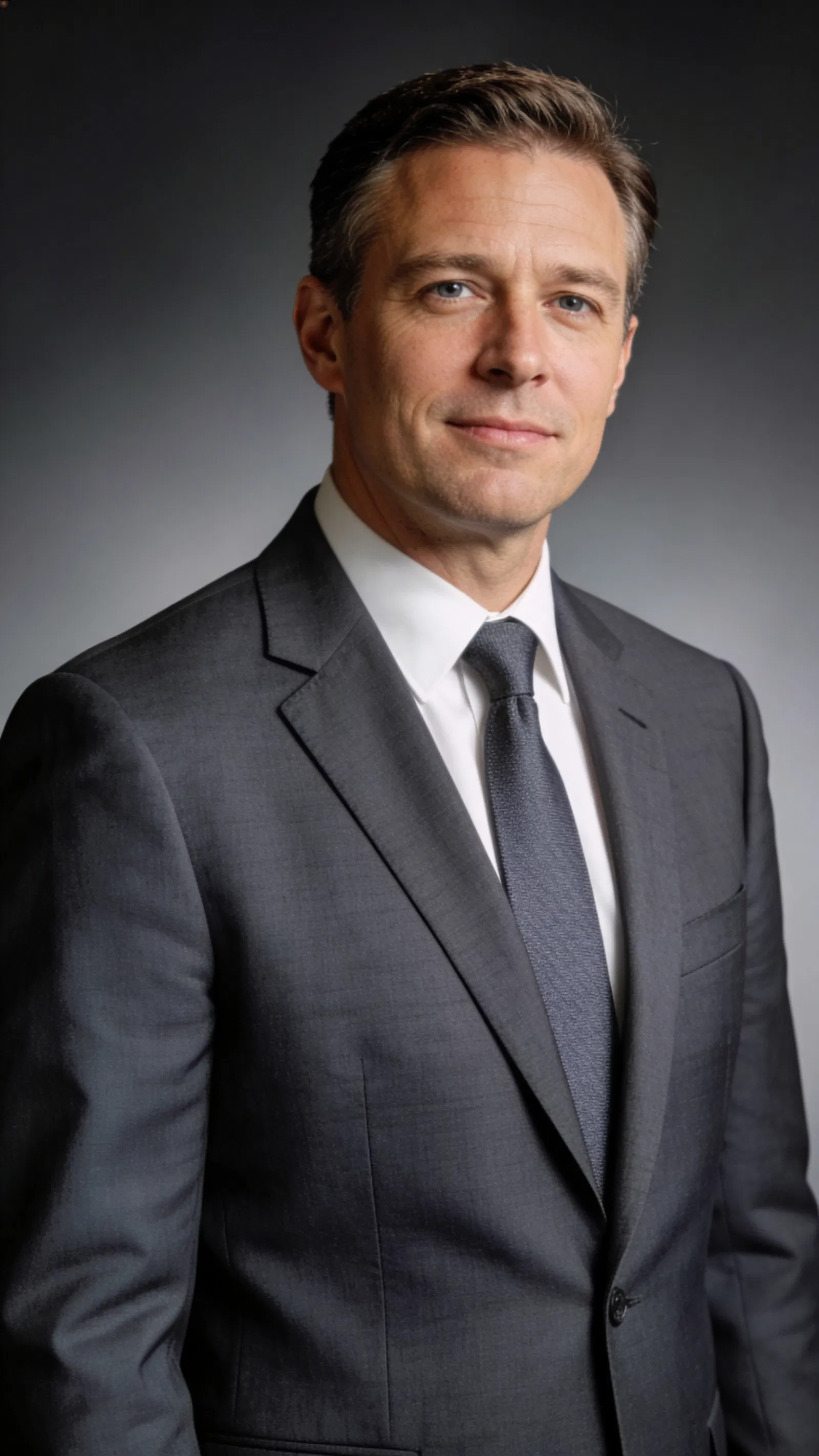 White male attorney studio headshot with classic gray background