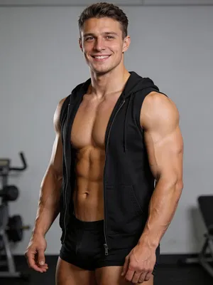 White male bodybuilder half-body portrait with confident smile in studio gym
