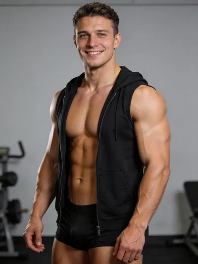 White male bodybuilder half-body portrait with confident smile in studio gym