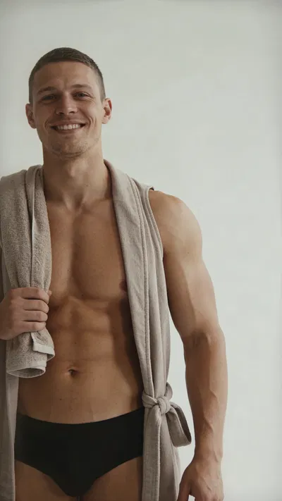 White male bodybuilder half-body studio portrait with towel and even lighting