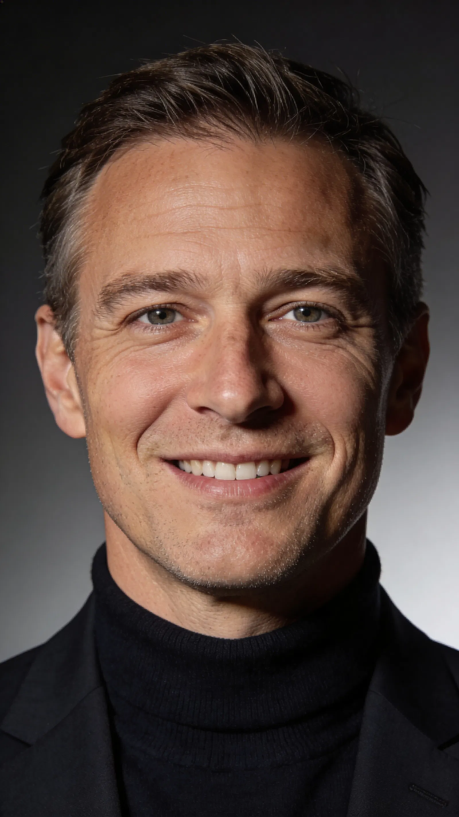 White male executive in turtleneck and blazer, premium studio headshot