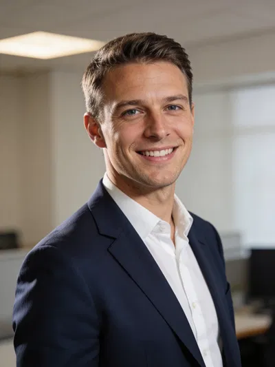 White male professional in navy suit, modern office corporate headshot