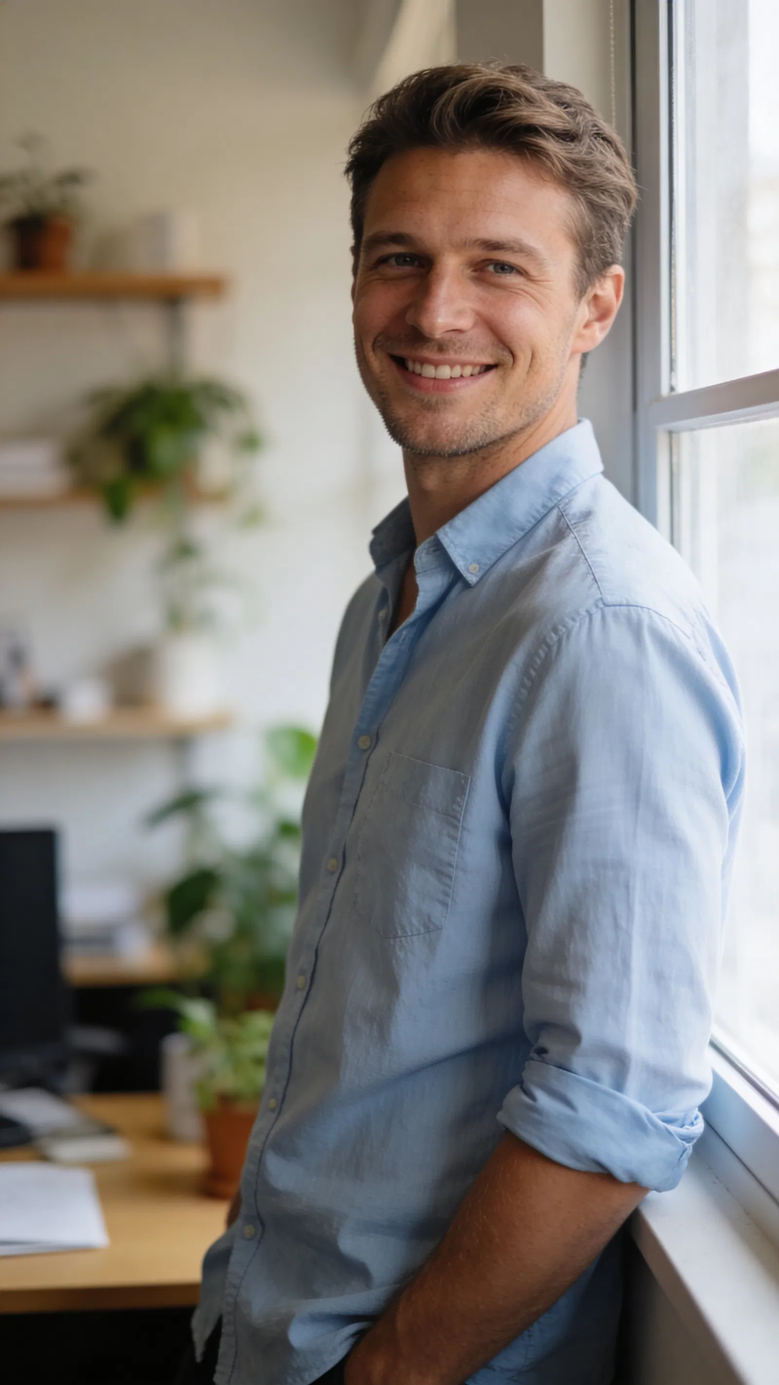 White man by home office window, friendly half-body professional headshot