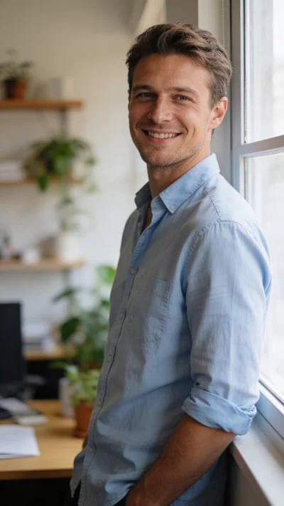 White man by home office window, friendly half-body professional headshot