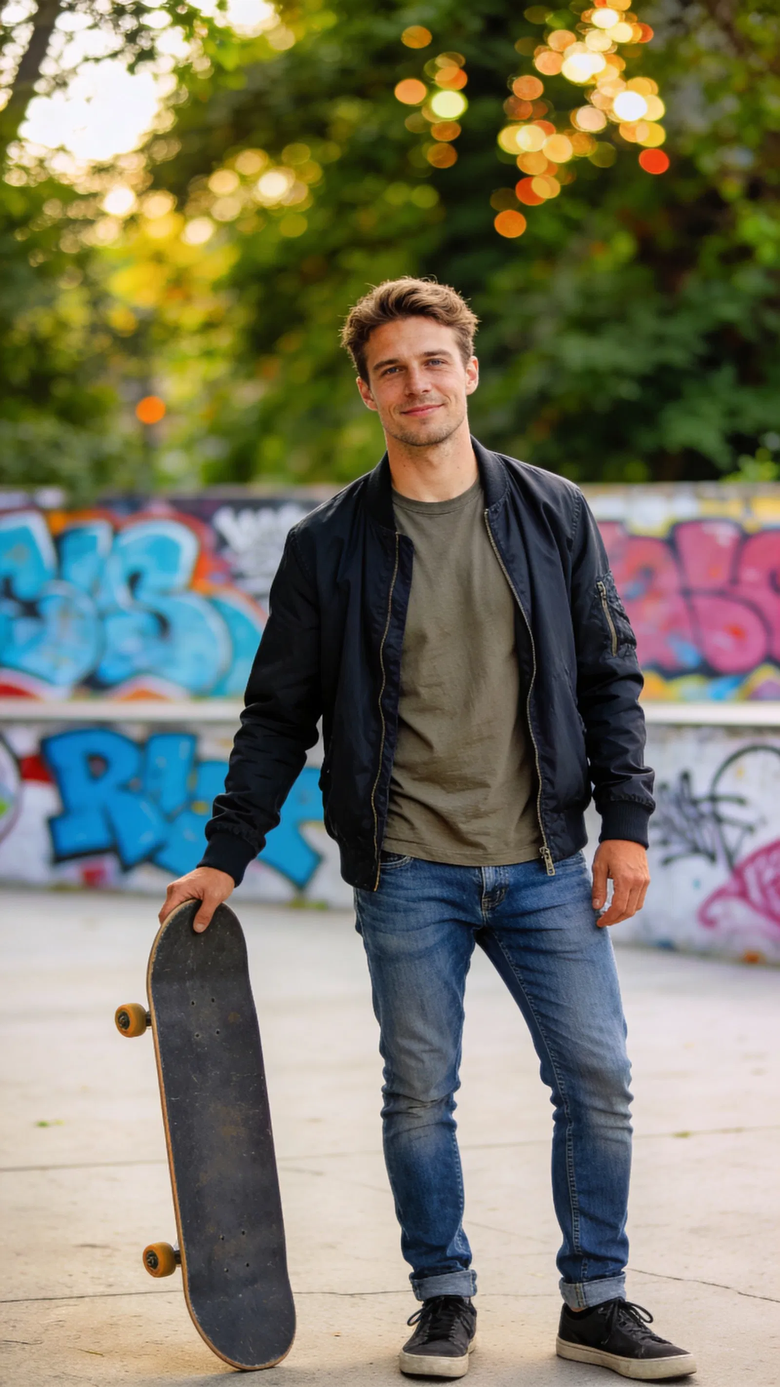 White man by mural with skateboard, relaxed lifestyle creator portrait