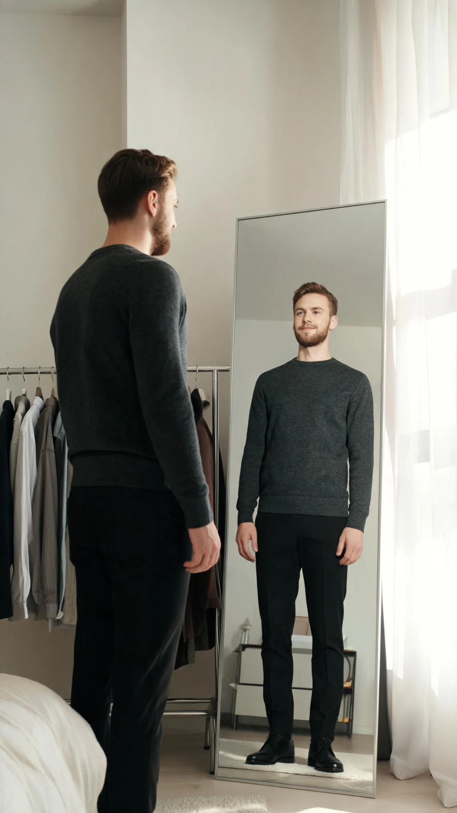 White man doing outfit mirror check at home, style-planning looksmaxxing lifestyle portrait