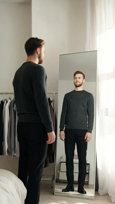 White man doing outfit mirror check at home, style-planning looksmaxxing lifestyle portrait