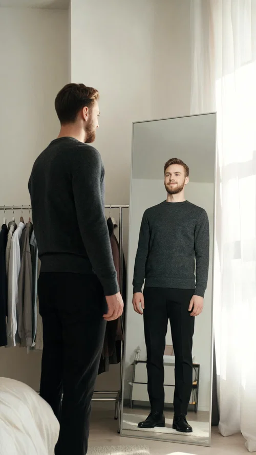 White man doing outfit mirror check at home, style-planning looksmaxxing lifestyle portrait