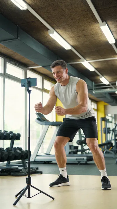 White man filming a quick workout clip for Instagram Reels in a gym