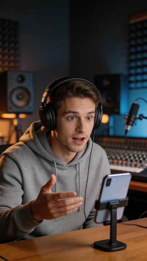 White man filming music reaction with headphones in home studio