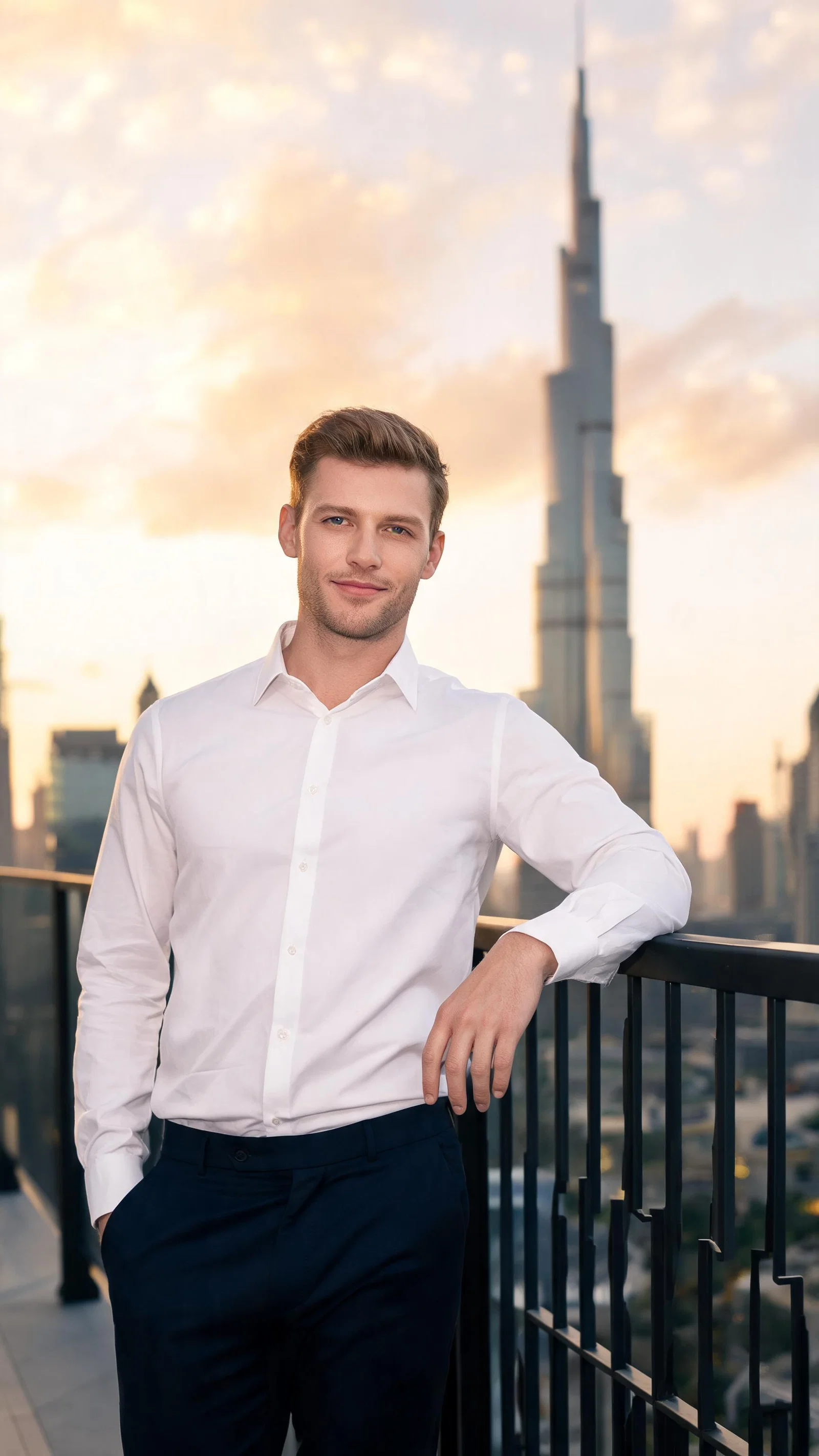 White man golden-hour portrait with Burj Khalifa skyline in background
