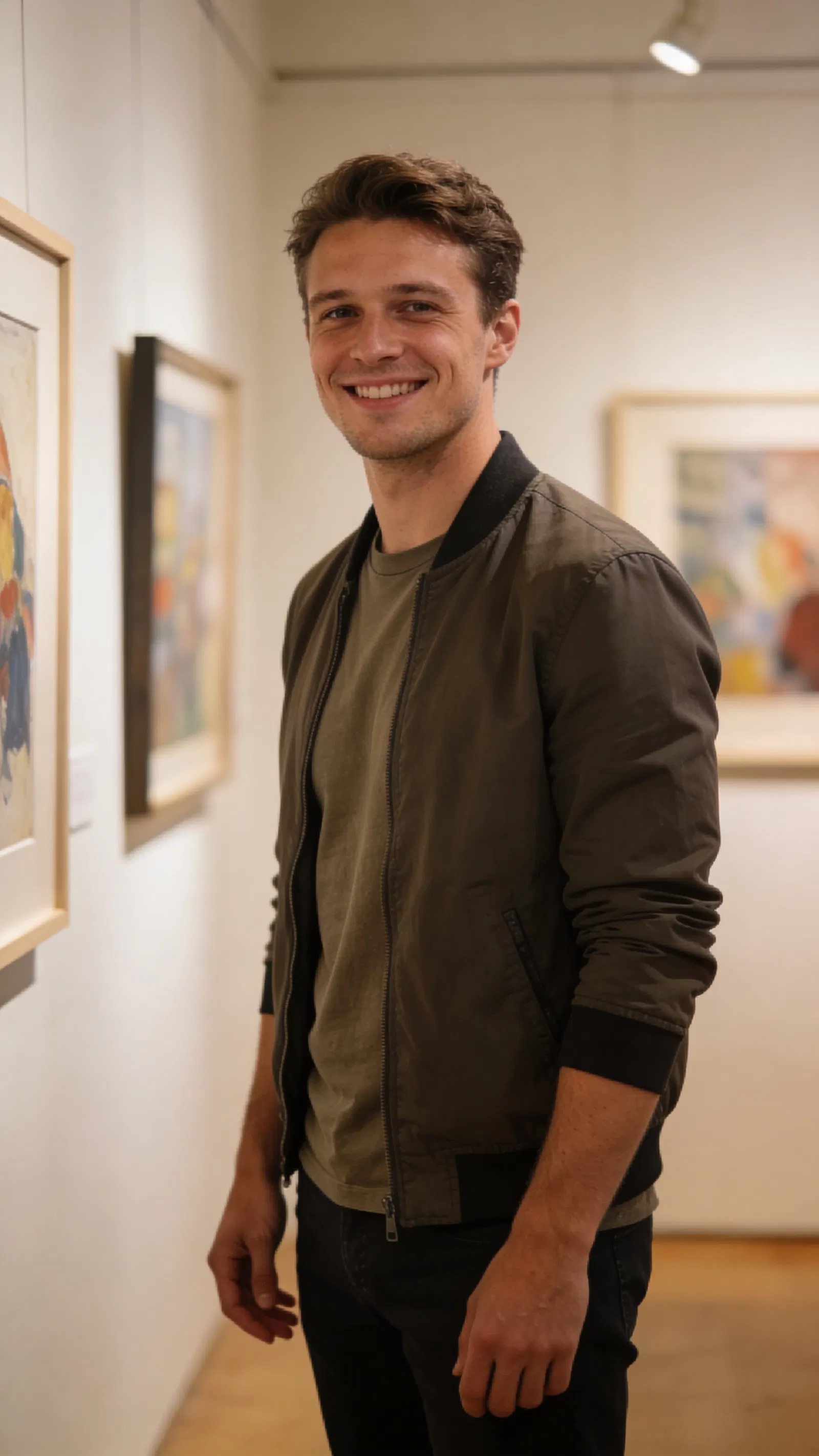 White man in art gallery, stylish 3/4 body dating profile portrait.