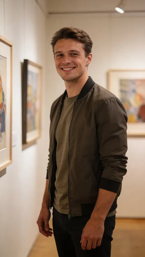 White man in art gallery, stylish 3/4 body dating profile portrait.