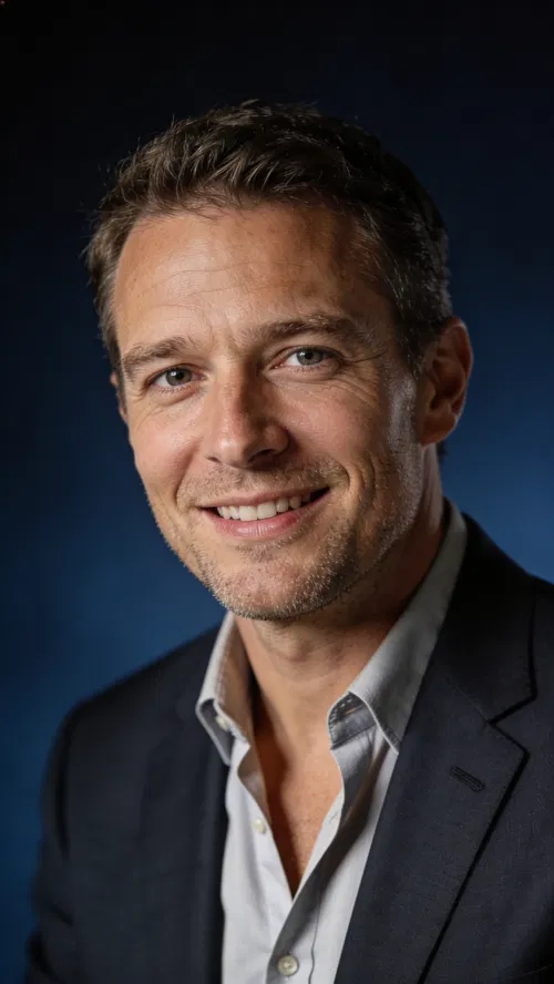 White man in dark blue studio headshot, confident approachable smile