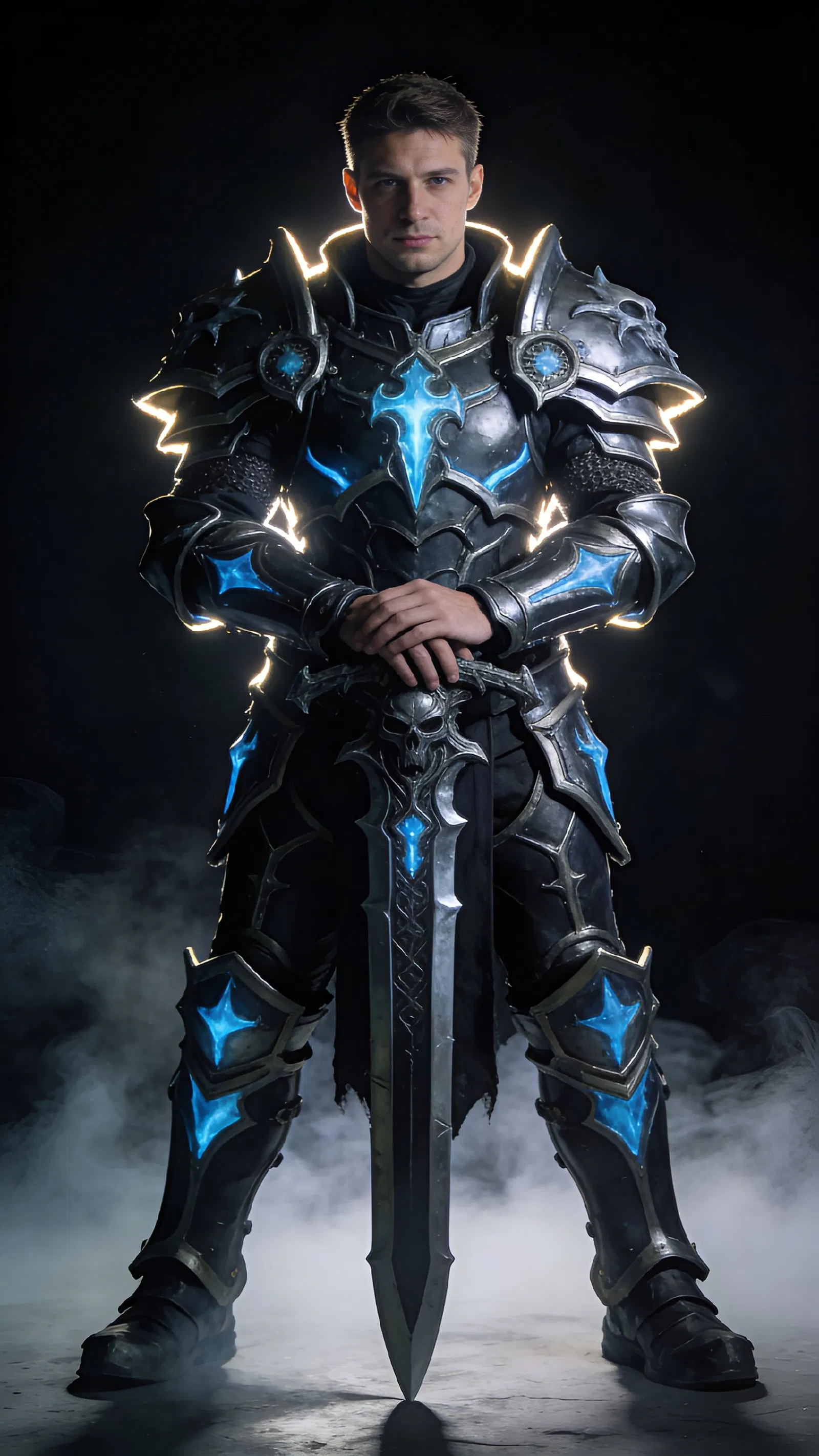 White man in death knight armor cosplay, full-body studio shot.