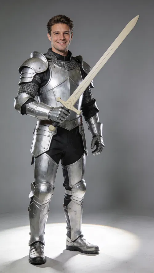 White man in Fortnite-inspired knight armor, full-body studio portrait