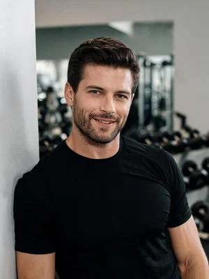 White man in gym portrait showing confident, fit looksmaxxing vibe