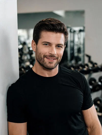 White man in gym portrait showing confident, fit looksmaxxing vibe