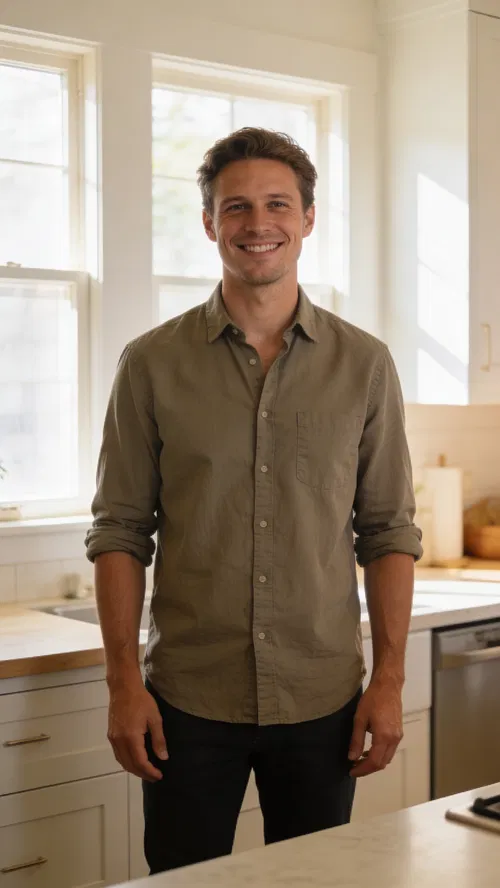 White man in home kitchen full-body lifestyle branding portrait