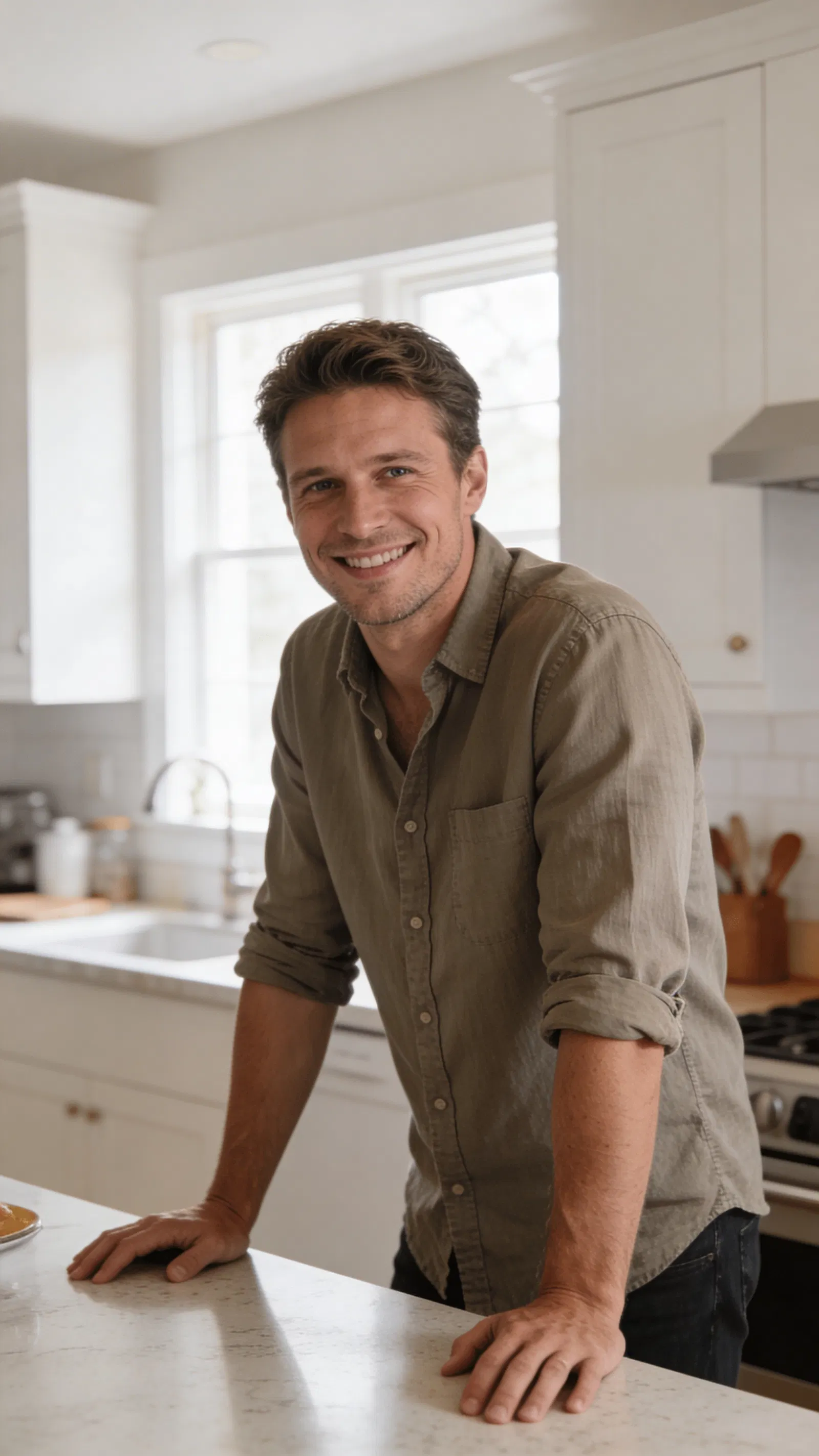 White man in home kitchen portrait for Instagram photoshoot at home