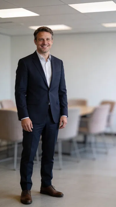 White man in meeting room with clean professional resume portrait