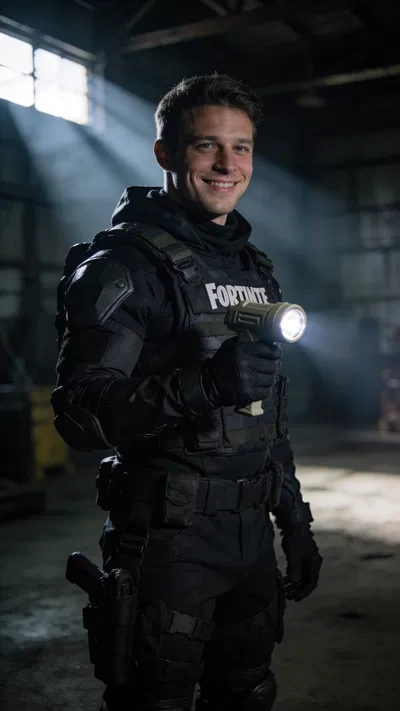 White man in stealth commando cosplay, cinematic half-body warehouse portrait
