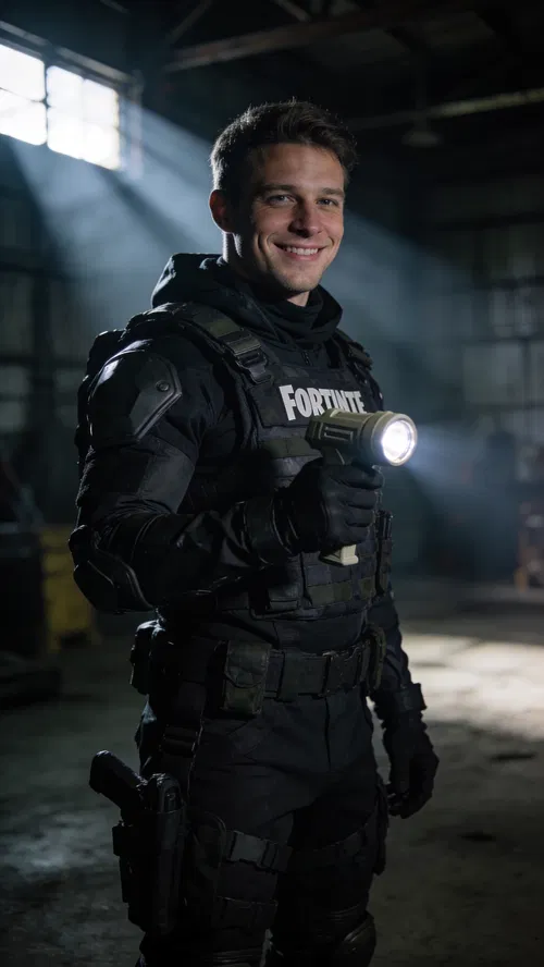 White man in stealth commando cosplay, cinematic half-body warehouse portrait