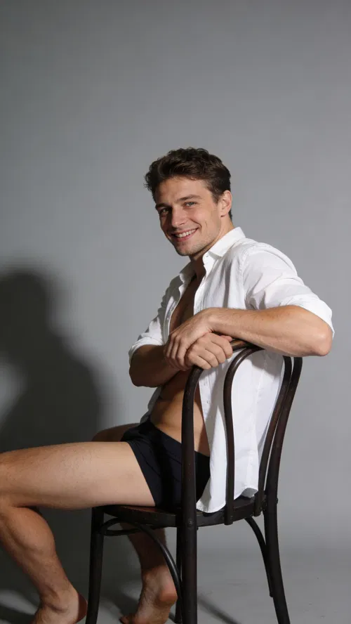 White man in studio dudeoir portrait, seated backwards on chair, confident grin