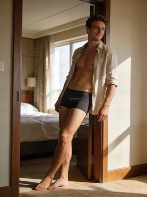 White man in tasteful dudeoir portrait with warm window light, confident pose