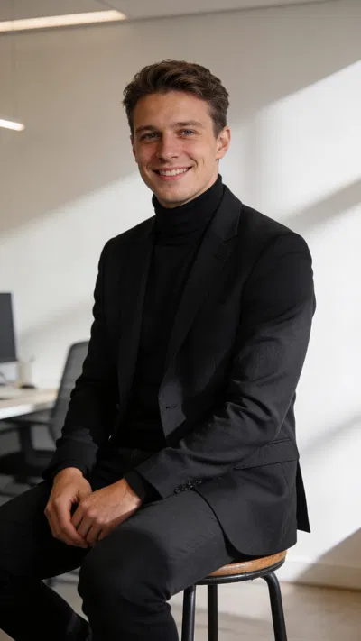 White man in turtleneck blazer, minimalist studio founder-style headshot