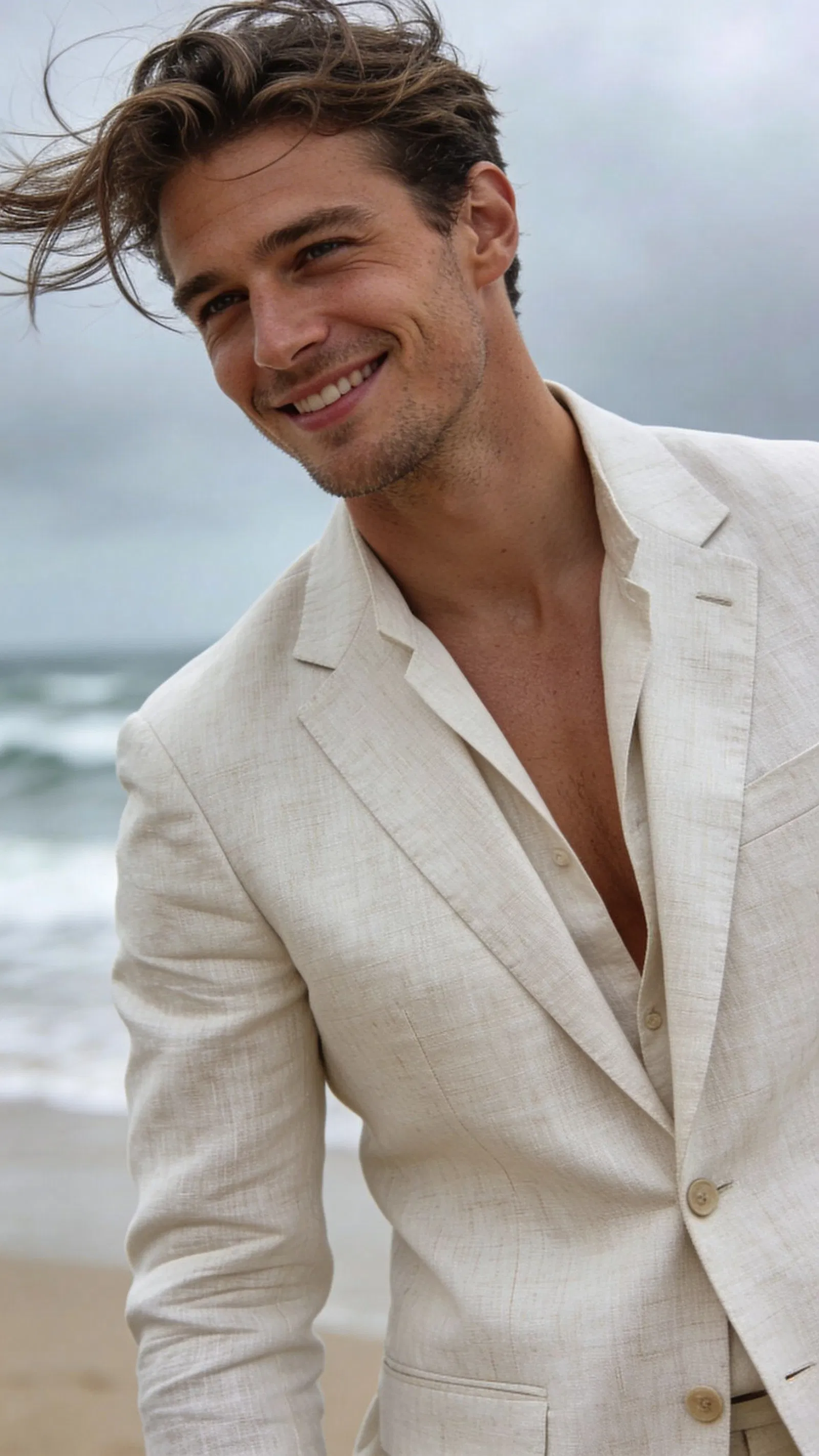 White man on beach in linen suit three-quarter editorial portrait