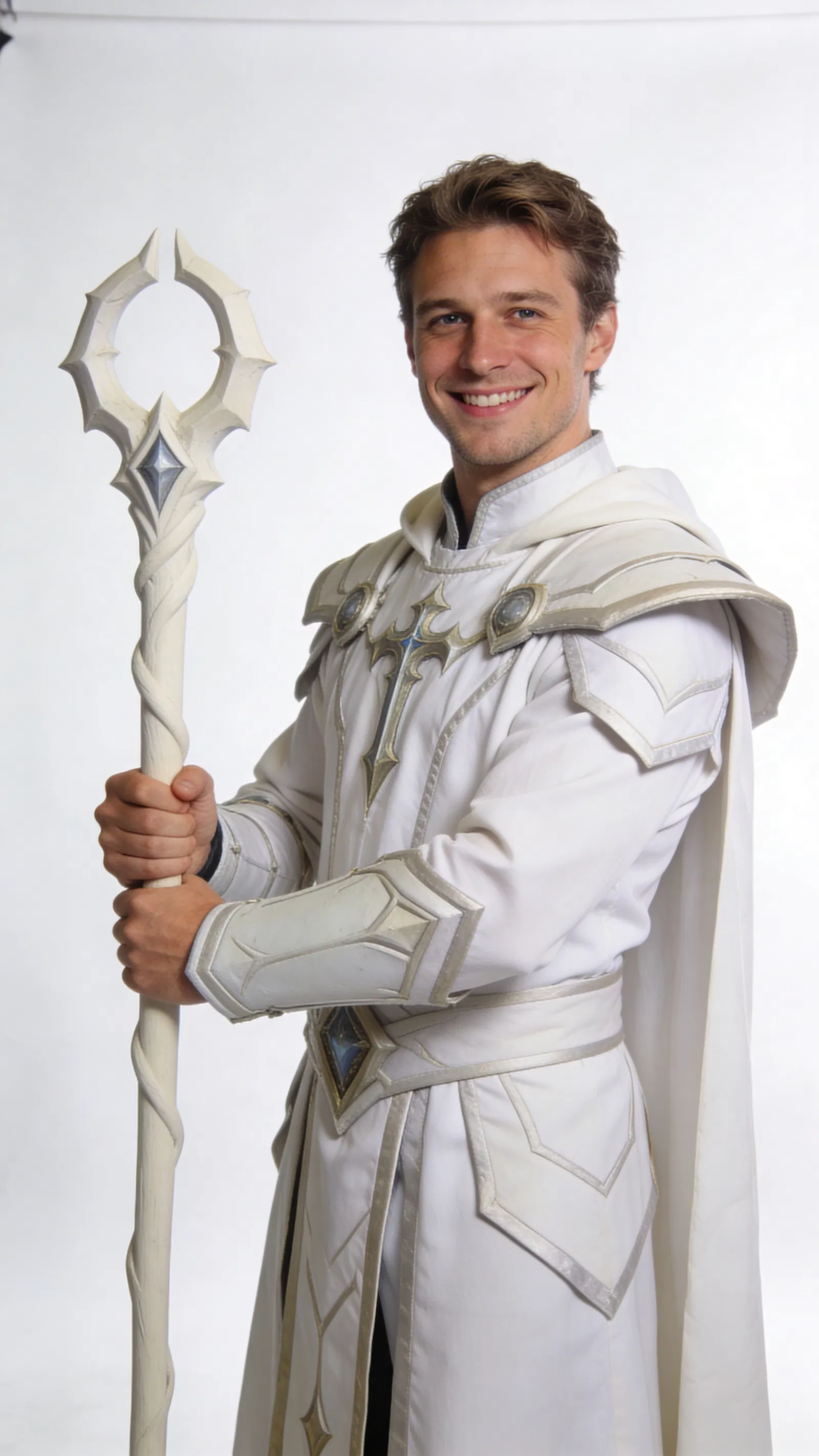 White man priest cosplay half-body portrait on bright studio background.