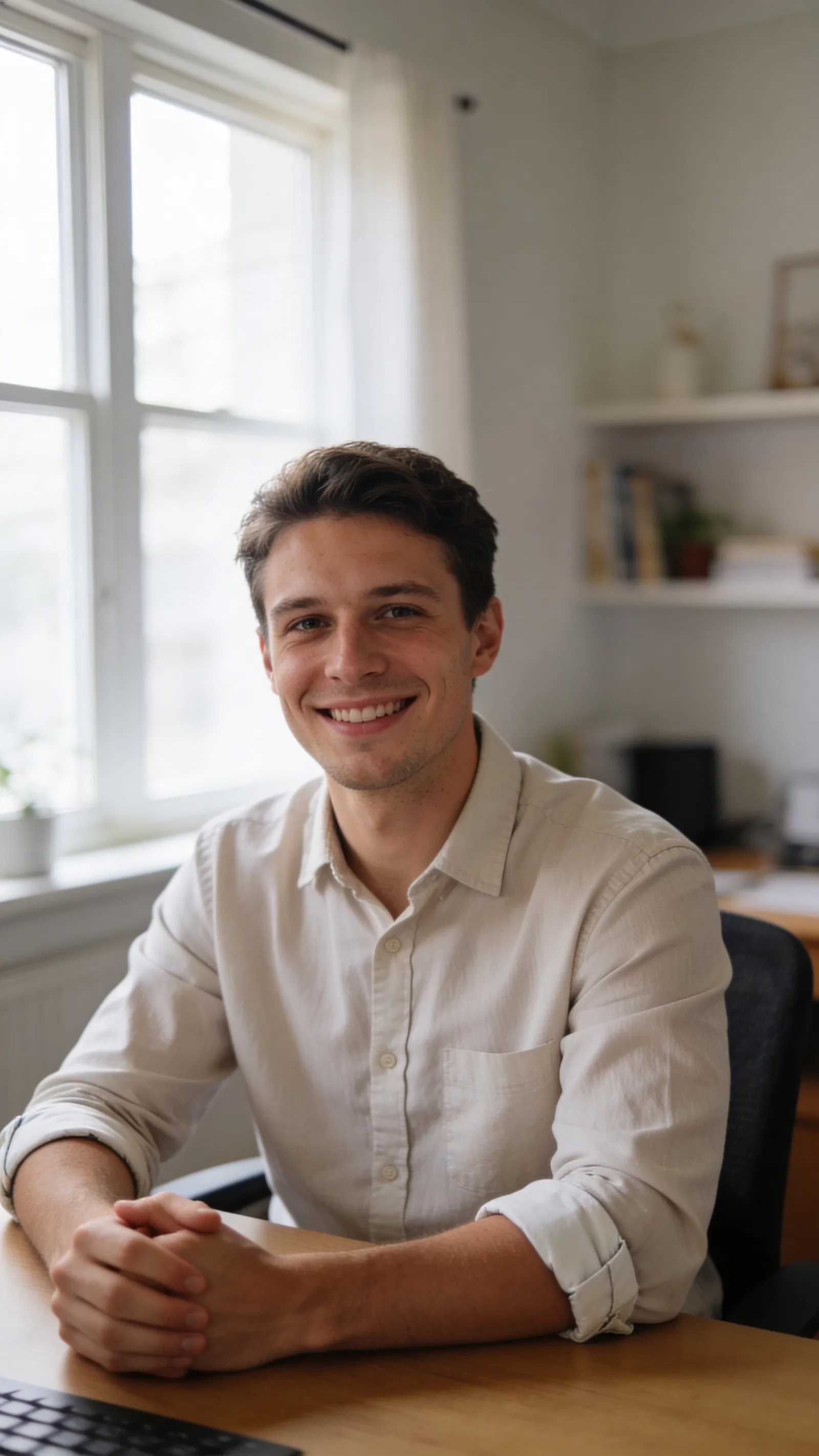 White man seated at desk in home office profile portrait
