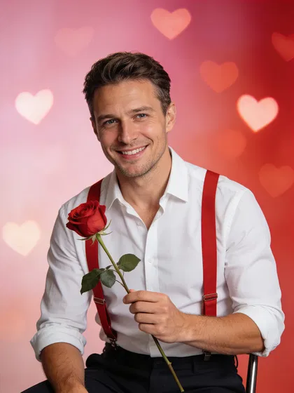 White man seated with red suspenders holding a rose on gradient backdrop.