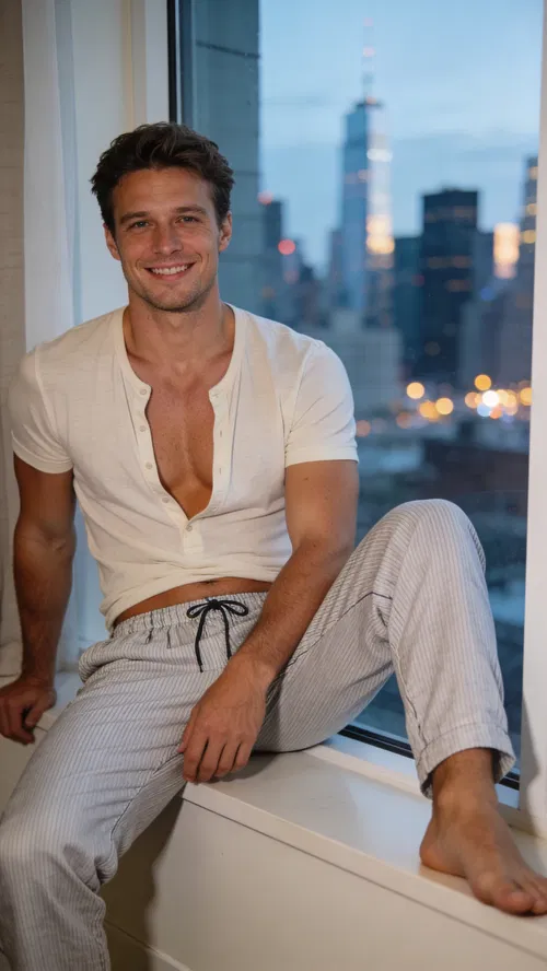 White man sitting on windowsill with city view for men boudoir photo, cool daylight